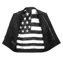 Mens Zipper and Snap Closure Leather Club Vest with American Flag Liner White Stitching