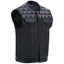 Men's Denim & Leather Motorcycle Vest with Conceal Carry Pockets, SOA Biker Club Vest Red & White Stitching