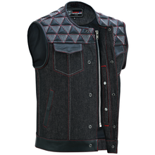 Men's Denim & Leather Motorcycle Vest with Conceal Carry Pockets, SOA Biker Club Vest Red & White Stitching