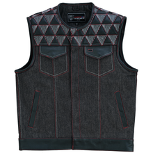 Men's Denim & Leather Motorcycle Vest with Conceal Carry Pockets, SOA Biker Club Vest Red & White Stitching