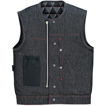 Men's Denim & Leather Motorcycle Vest with Conceal Carry Pockets, SOA Biker Club Vest Red & White Stitching