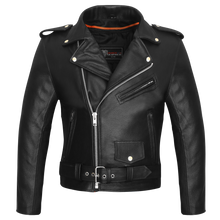 Men's Classic Police Style Black Leather Motorcycle Jacket with Quilted Liner