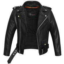 Men's Classic Police Style Black Leather Motorcycle Jacket with Quilted Liner