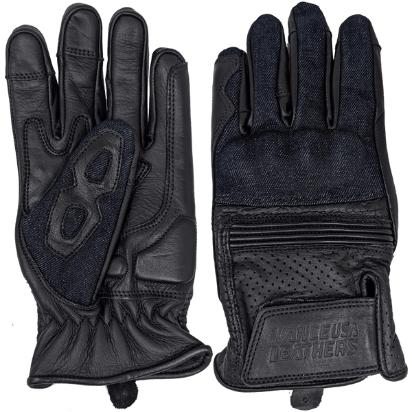 Denim & Leather Motorcycle Gloves (Black) with Mobile Phone Touchscreen