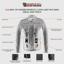 Men's Top Performer Motorcycle Leather Jacket with Double Conceal Carry Pockets infographic