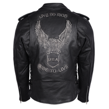 Mens Eagle Embossed Live To Ride - Ride To Live Classic Black Leather Motorcycle Jacket