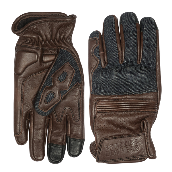 Denim & Leather Motorcycle Gloves (Brown) with Mobile Phone Touchscreen