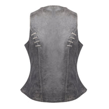 Women's Distressed Gray Premium Soft Goatskin Leather Vest With Twill Lace and Grommet Highlights