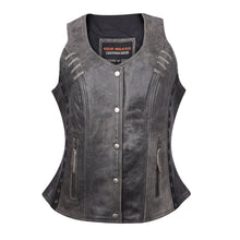 Women's Distressed Gray Premium Soft Goatskin Leather Vest With Twill Lace and Grommet Highlights