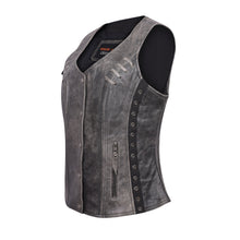 Women's Distressed Gray Premium Soft Goatskin Leather Vest With Twill Lace and Grommet Highlights