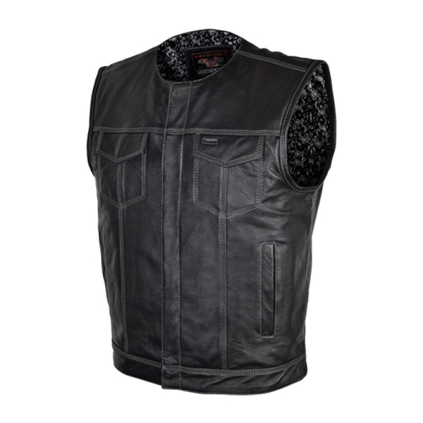 Mens Black Premium Cowhide Leather Biker Motorcycle Vest With Quick Access Conceal Carry Pockets and Gray Stitching