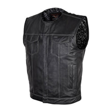 Mens Black Premium Cowhide Leather Biker Motorcycle Vest With Quick Access Conceal Carry Pockets and Paisley Liner