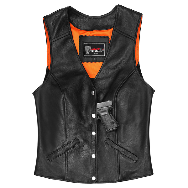 Women's Five Snap Leather Vest with Conceal Carry Pocket