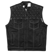 Mens Zipper and Snap Closure Leather Club Vest with American Flag Liner White Stitching