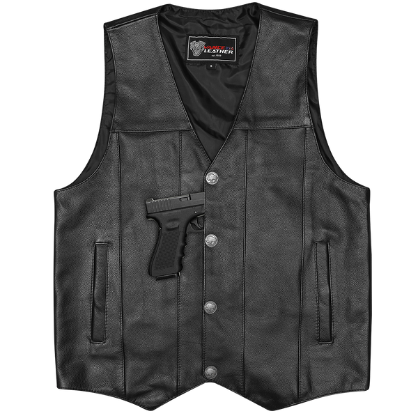 Biker Motorcycle Vest with Buffalo Nickel Snaps and Conceal Carry Pocket