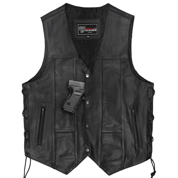 Mens Black Ten Pocket Leather Vest