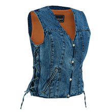 Womens Blue Denim V Neck with Snap Opening & Side Laces Motorcycle Vest