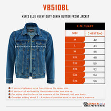 Vance Mens Blue Heavy Duty Denim Button Front Motorcycle Jacket, Jean Jacket for Men - Sizechart