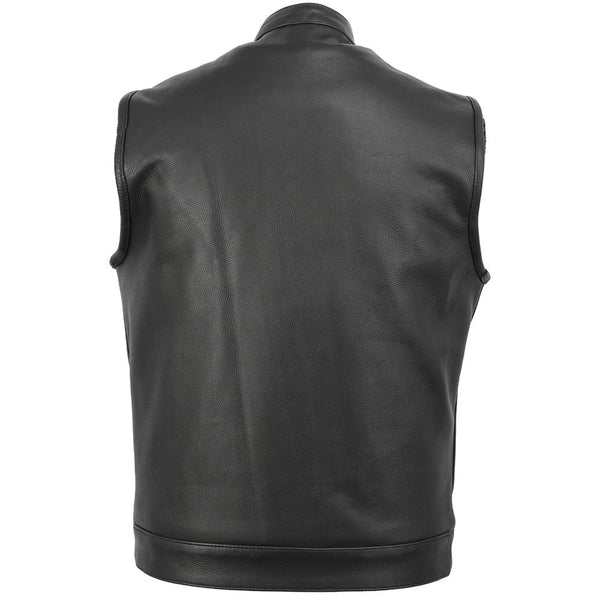 Mens Black Premium Cowhide Leather Motorcycle Biker SOA Style Club Vest with Hoodie