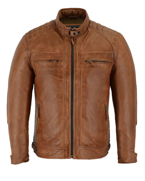 Mens Cafe Racer Waxed Lambskin Austin Brown Motorcycle Leather Jacket