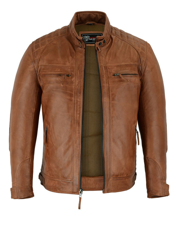 Mens Cafe Racer Waxed Lambskin Austin Brown Motorcycle Leather Jacket