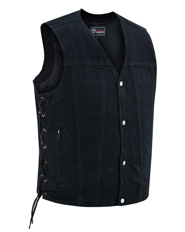 Men's Black V-Neck Denim Vest for Motorcycle Riders