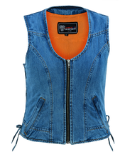 Women's Blue Denim V Neck Vest with Zipper & Side Laces