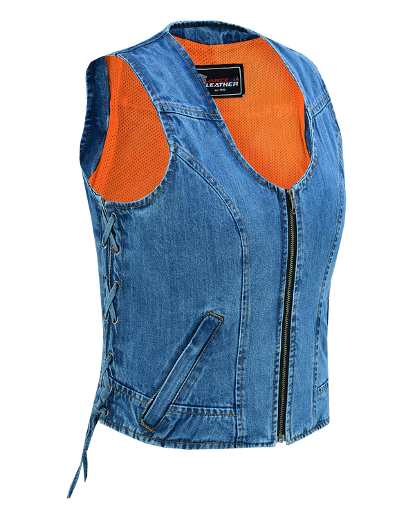 Women's Blue Denim V Neck Vest with Zipper & Side Laces