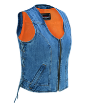 Women's Blue Denim V Neck Vest with Zipper & Side Laces