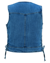 Women's Blue Denim V Neck Vest with Zipper & Side Laces