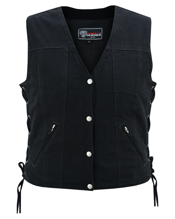 Womens Black Denim V Neck with Snap Opening & Side Laces Motorcycle Vest