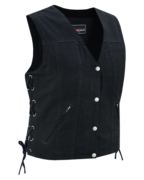 Womens Black Denim V Neck with Snap Opening & Side Laces Motorcycle Vest