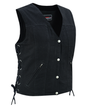 Womens Black Denim V Neck with Snap Opening & Side Laces Motorcycle Vest