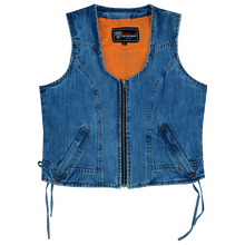 Women's Blue Denim V Neck Vest with Zipper & Side Laces