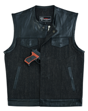 Mens Denim & Leather Motorcycle Vest with Dual Conceal Carry Pockets, SOA Biker Club Vest, Snap & Zipper Closure