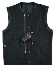 Mens Denim & Leather Motorcycle Vest with Dual Conceal Carry Pockets, SOA Biker Club Vest, Snap & Zipper Closure