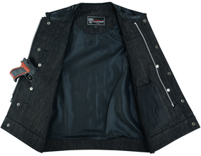 Mens Denim & Leather Motorcycle Vest with Dual Conceal Carry Pockets, SOA Biker Club Vest, Snap & Zipper Closure