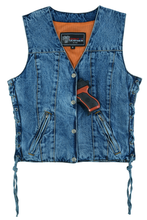 Womens Blue Denim V Neck with Snap Opening & Side Laces Motorcycle Vest