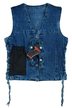 Womens Blue Denim V Neck with Snap Opening & Side Laces Motorcycle Vest