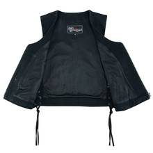 Womens Black Denim V Neck with Zipper & Side Laces Motorcycle Vest