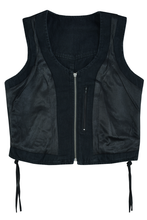 Womens Black Denim V Neck with Zipper & Side Laces Motorcycle Vest