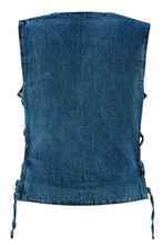 Womens Blue Denim V Neck with Snap Opening & Side Laces Motorcycle Vest