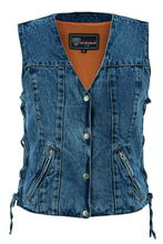 Womens Blue Denim V Neck with Snap Opening & Side Laces Motorcycle Vest