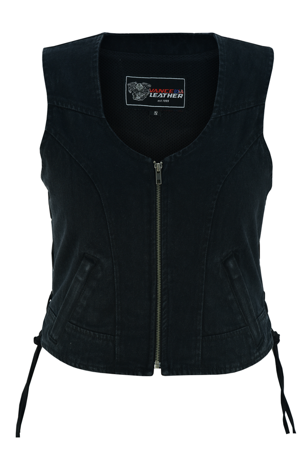 Womens Black Denim V Neck with Zipper & Side Laces Motorcycle Vest