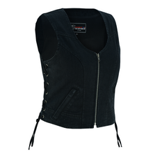 Womens Black Denim V Neck with Zipper & Side Laces Motorcycle Vest