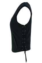 Womens Black Denim V Neck with Zipper & Side Laces Motorcycle Vest