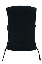 Womens Black Denim V Neck with Zipper & Side Laces Motorcycle Vest