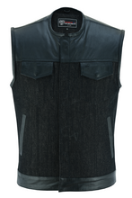 Mens Denim & Leather Motorcycle Vest with Dual Conceal Carry Pockets, SOA Biker Club Vest, Snap & Zipper Closure