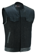 Mens Denim & Leather Motorcycle Vest with Dual Conceal Carry Pockets, SOA Biker Club Vest, Snap & Zipper Closure