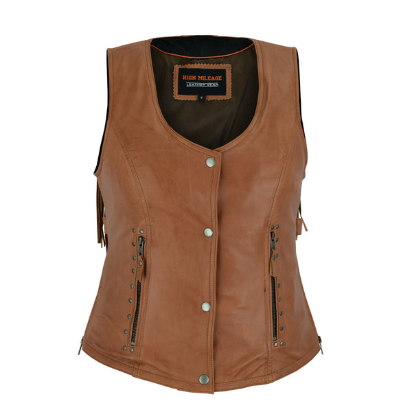 Roxy Ladies Premium Brown Leather Vest with Fringes and Rivets